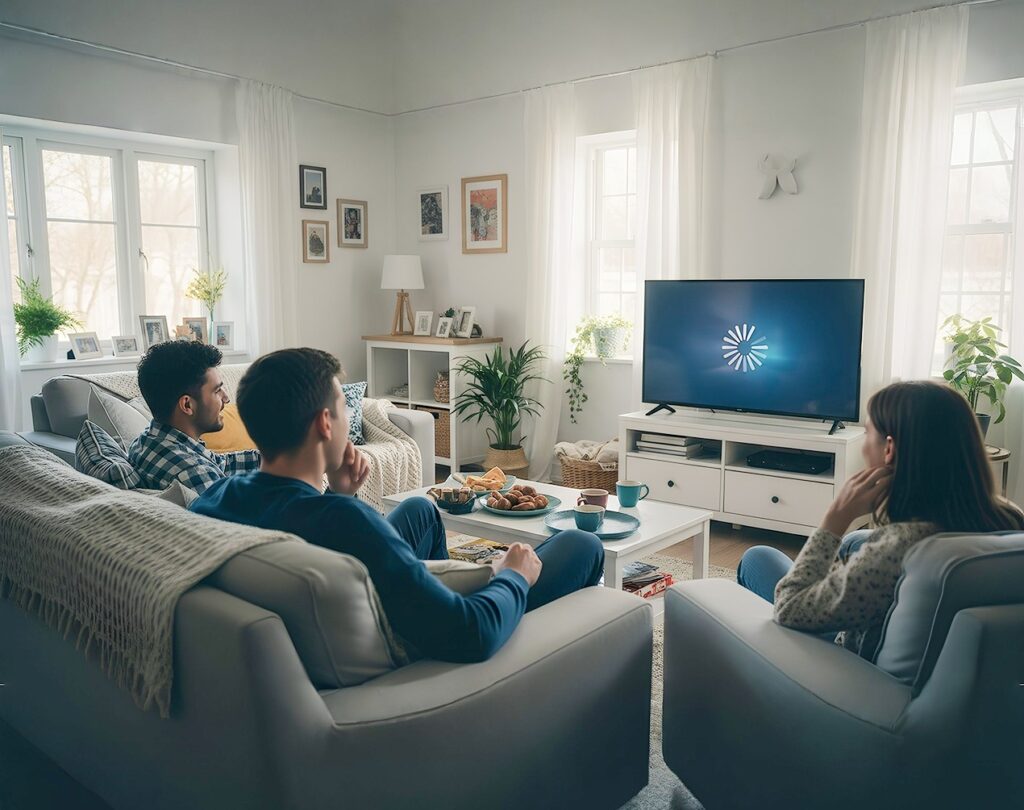 Family watching TV in living room