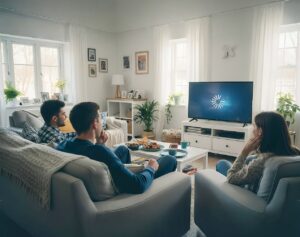 Family watching TV in living room